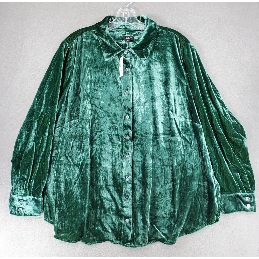 New Talbots Velour Velvet Boyfriend Shirt 2Xp Forest Green Button Up Whimsigoth